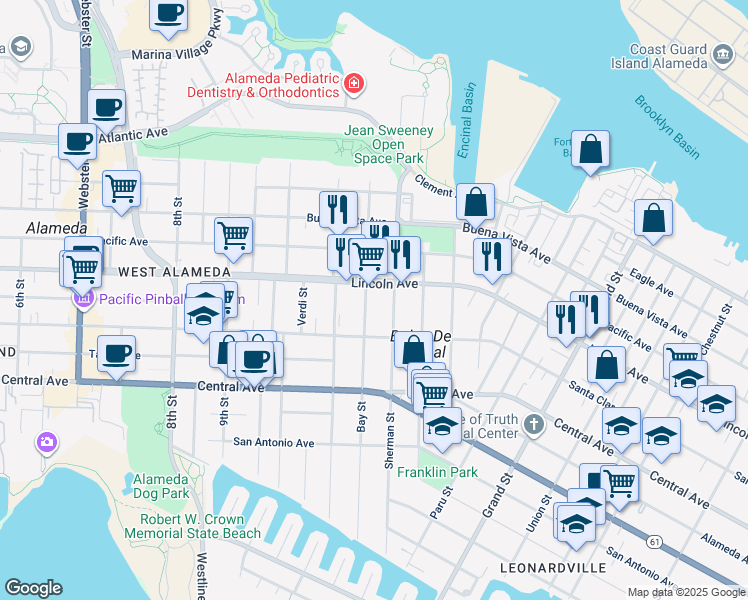 map of restaurants, bars, coffee shops, grocery stores, and more near 1557 Sherman Street in Alameda