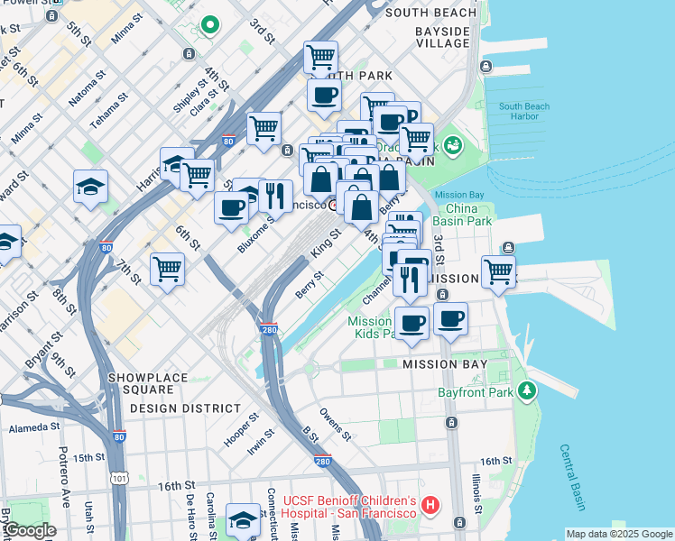 map of restaurants, bars, coffee shops, grocery stores, and more near 235 Berry Street in San Francisco