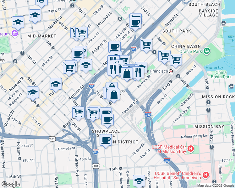 map of restaurants, bars, coffee shops, grocery stores, and more near in San Francisco