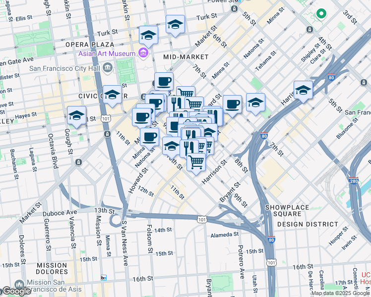 map of restaurants, bars, coffee shops, grocery stores, and more near 784 Clementina Street in San Francisco