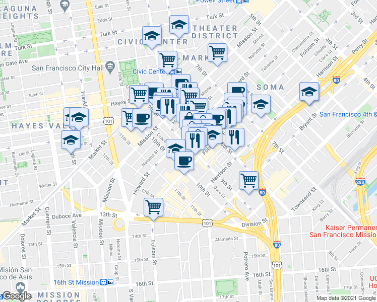 map of restaurants, bars, coffee shops, grocery stores, and more near 784 Clementina Street in San Francisco