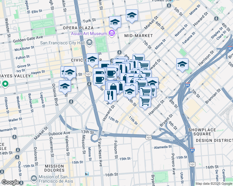 map of restaurants, bars, coffee shops, grocery stores, and more near 155 10th Street in San Francisco