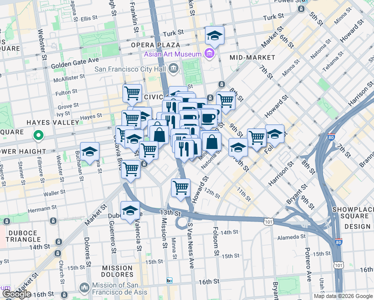 map of restaurants, bars, coffee shops, grocery stores, and more near 86 11th Street in San Francisco