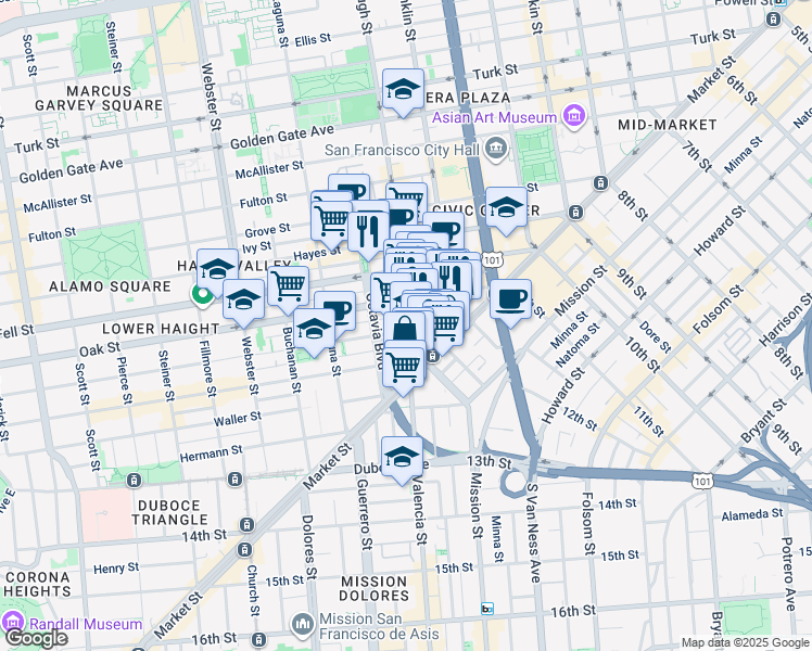 map of restaurants, bars, coffee shops, grocery stores, and more near 118 Gough Street in San Francisco