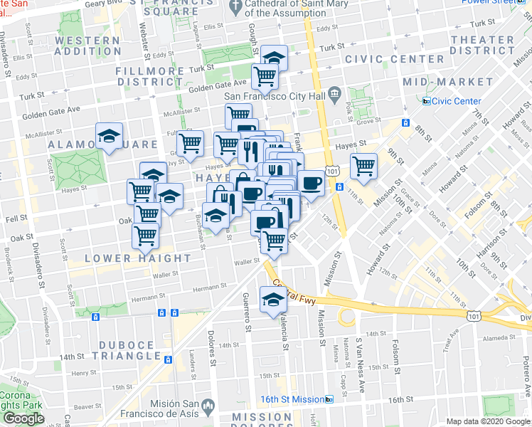 map of restaurants, bars, coffee shops, grocery stores, and more near 282 Oak Street in San Francisco