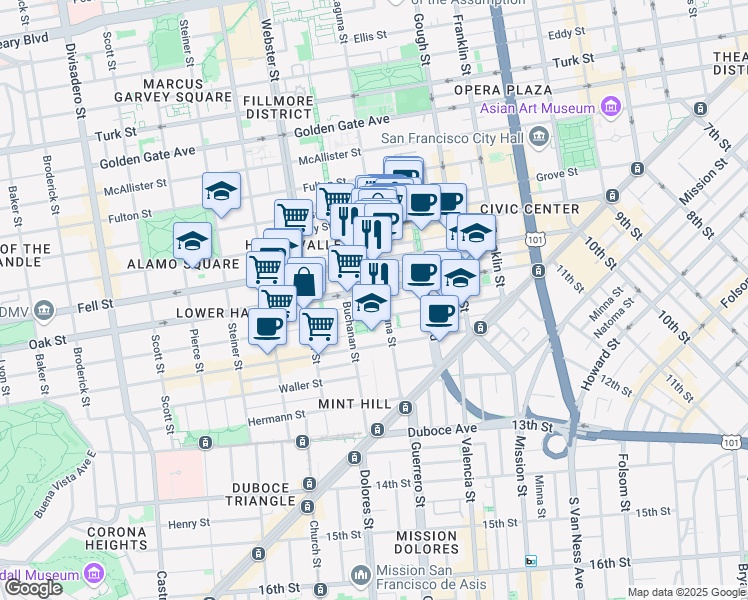 map of restaurants, bars, coffee shops, grocery stores, and more near in San Francisco