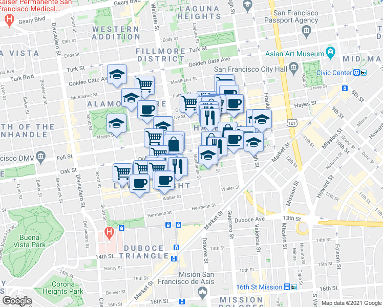 map of restaurants, bars, coffee shops, grocery stores, and more near 518 Oak Street in San Francisco