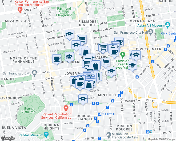 map of restaurants, bars, coffee shops, grocery stores, and more near 638 Oak Street in San Francisco
