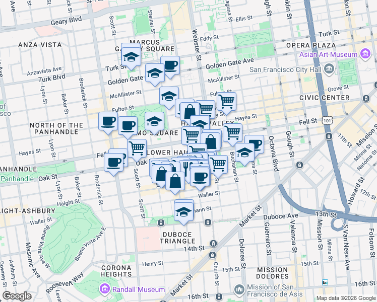 map of restaurants, bars, coffee shops, grocery stores, and more near in San Francisco