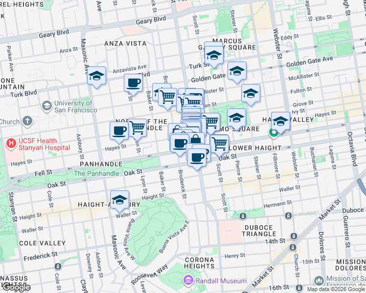 map of restaurants, bars, coffee shops, grocery stores, and more near 1369 Hayes Street in San Francisco