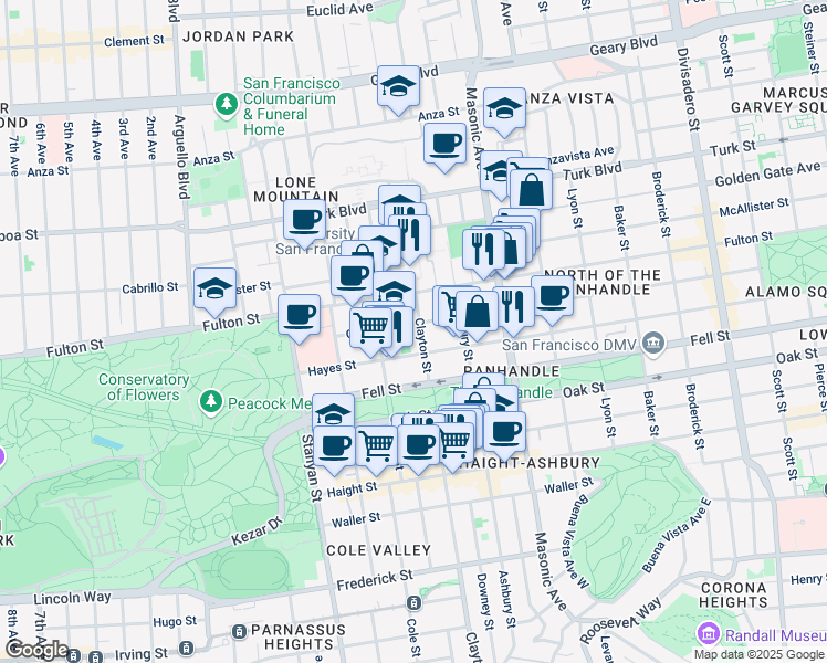 map of restaurants, bars, coffee shops, grocery stores, and more near 1996 Grove Street in San Francisco