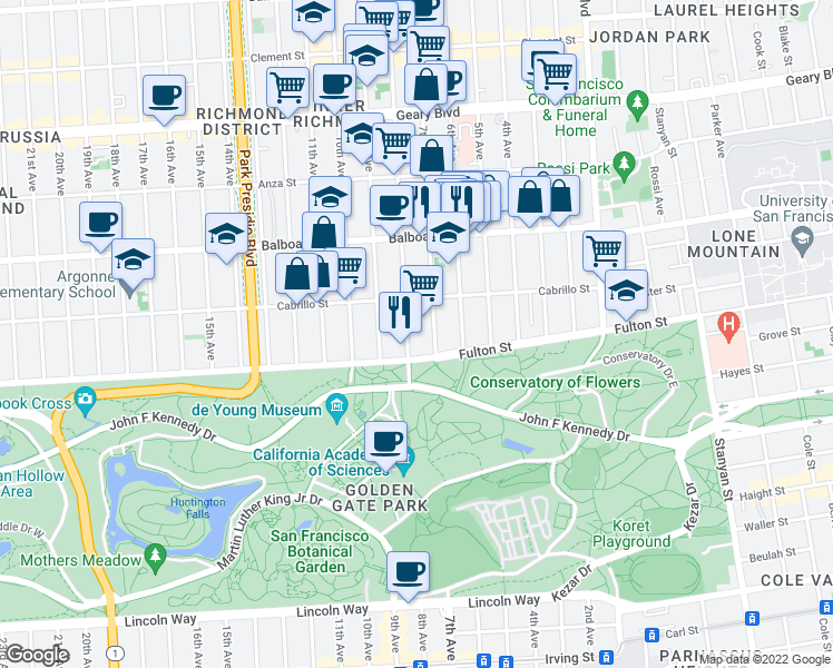 map of restaurants, bars, coffee shops, grocery stores, and more near 745 8th Avenue in San Francisco