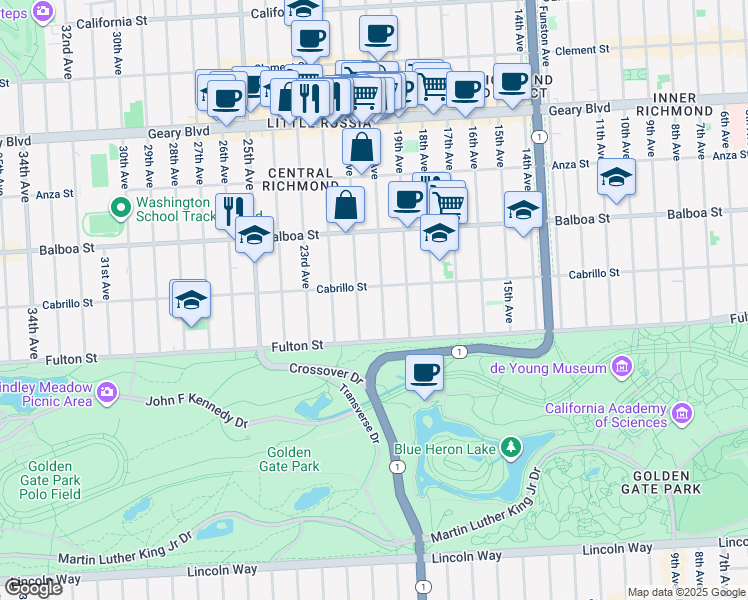 map of restaurants, bars, coffee shops, grocery stores, and more near 1925 Cabrillo Street in San Francisco