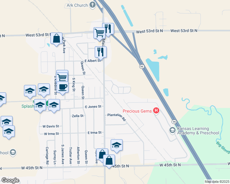 map of restaurants, bars, coffee shops, grocery stores, and more near 5050 North Maize Road in Maize