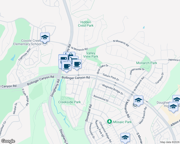 map of restaurants, bars, coffee shops, grocery stores, and more near 9808 Belladonna Drive in San Ramon