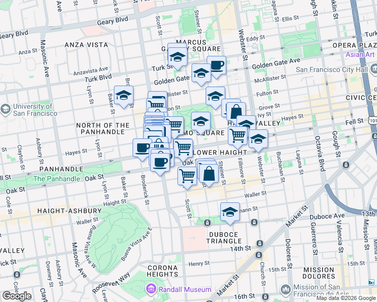 map of restaurants, bars, coffee shops, grocery stores, and more near 1004 Fell Street in San Francisco