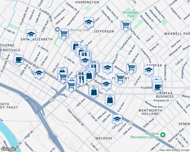map of restaurants, bars, coffee shops, grocery stores, and more near 4417 Foothill Boulevard in Oakland