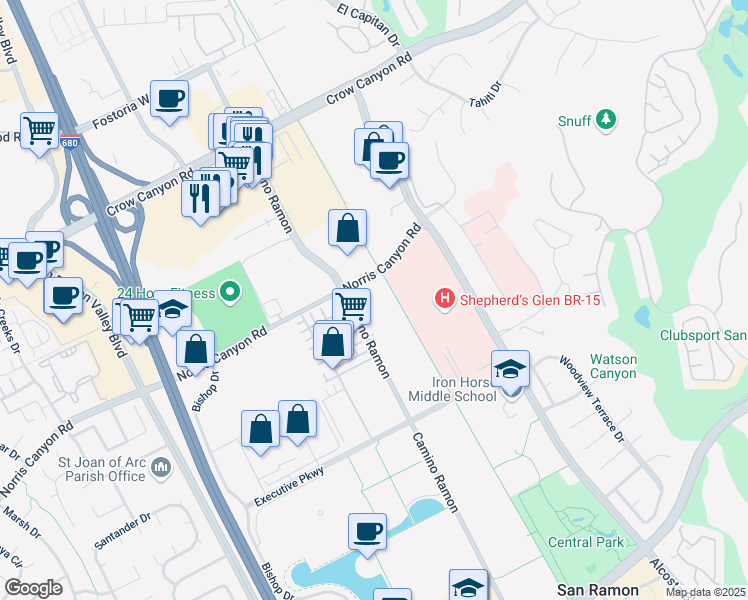 map of restaurants, bars, coffee shops, grocery stores, and more near 2409 Camino Ramon in San Ramon