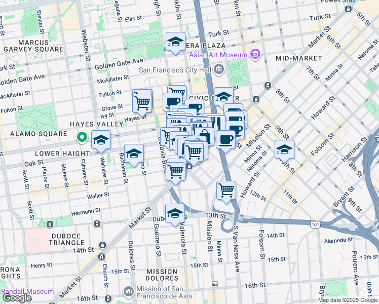 map of restaurants, bars, coffee shops, grocery stores, and more near 66 Page Street in San Francisco