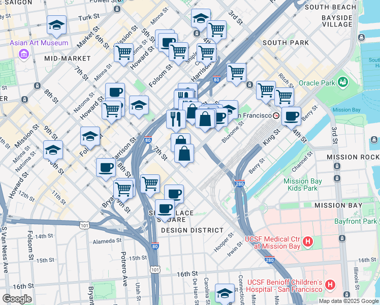 map of restaurants, bars, coffee shops, grocery stores, and more near in San Francisco