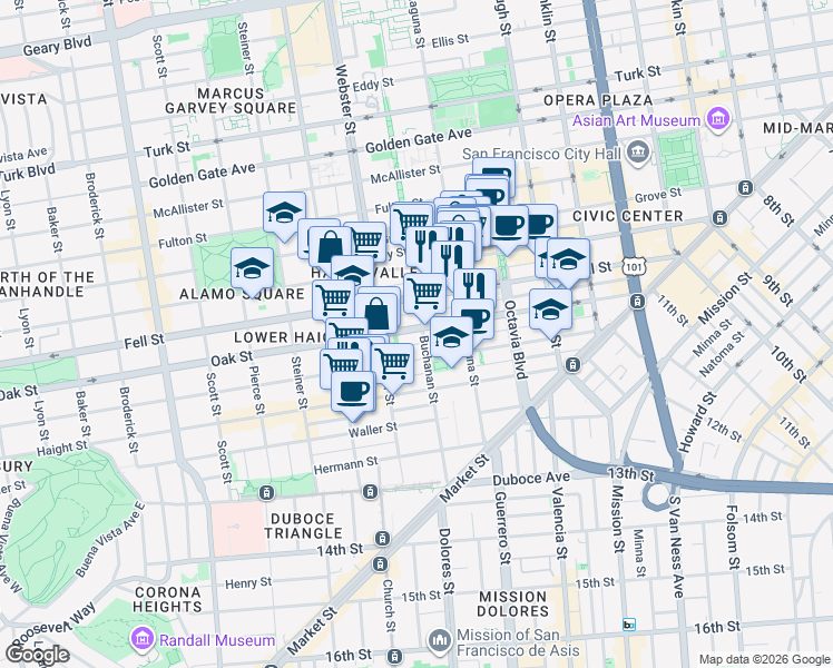 map of restaurants, bars, coffee shops, grocery stores, and more near 501 Oak Street in San Francisco