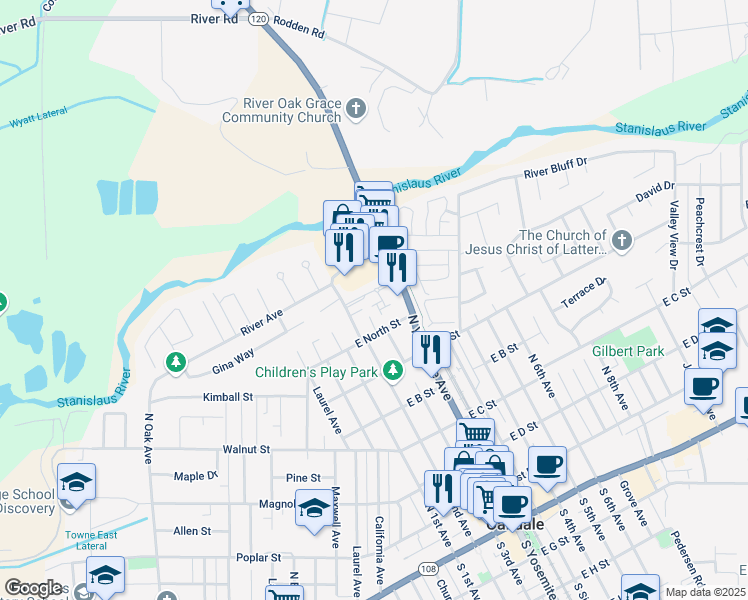 map of restaurants, bars, coffee shops, grocery stores, and more near 243 Meadowlark Lane in Oakdale