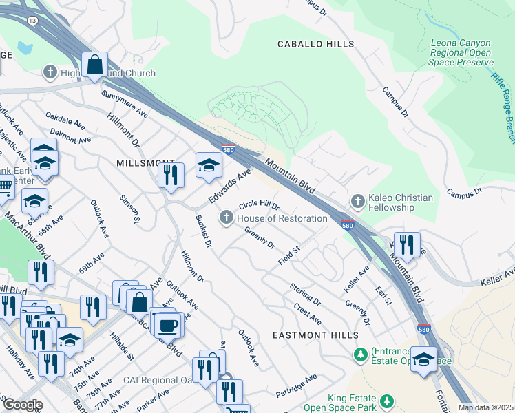 map of restaurants, bars, coffee shops, grocery stores, and more near 7415 Circle Hill Drive in Oakland