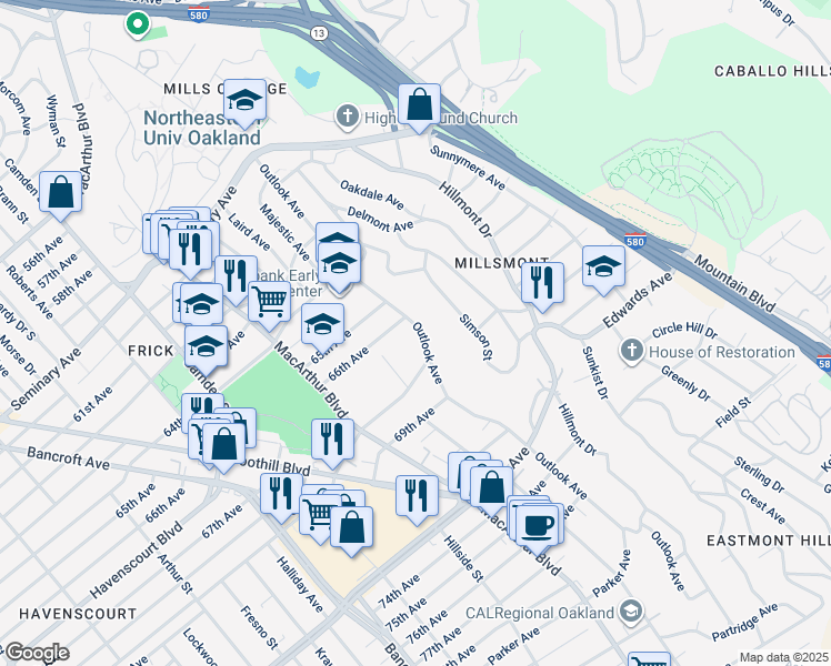 map of restaurants, bars, coffee shops, grocery stores, and more near 6623 Outlook Avenue in Oakland
