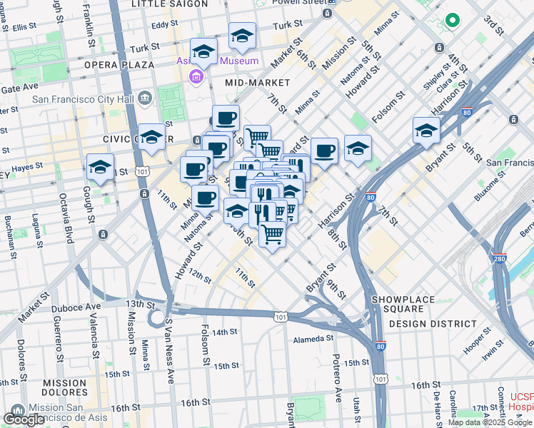 map of restaurants, bars, coffee shops, grocery stores, and more near 784 Clementina Street in San Francisco