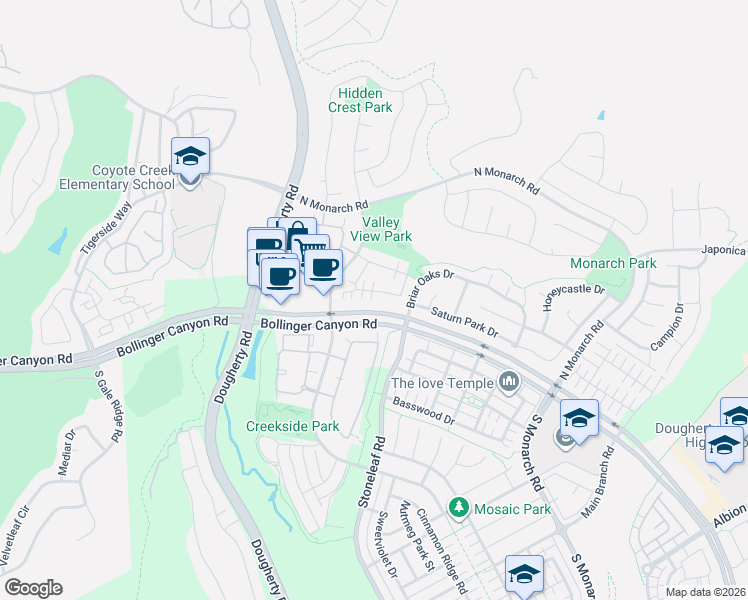map of restaurants, bars, coffee shops, grocery stores, and more near 9784 Belladonna Drive in San Ramon