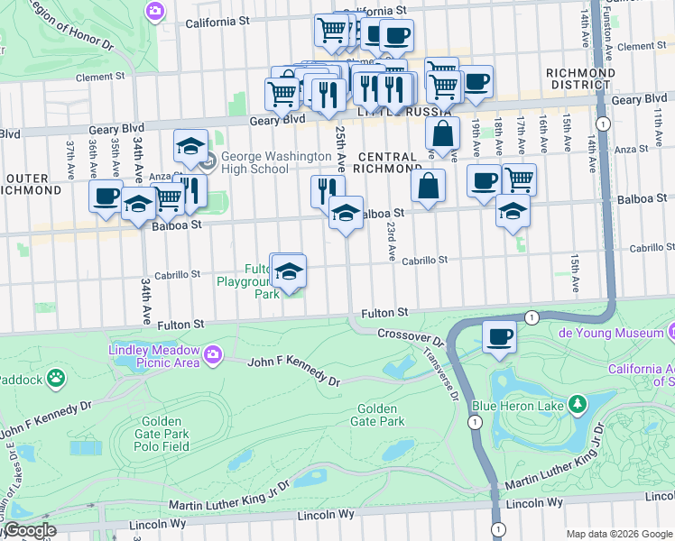 map of restaurants, bars, coffee shops, grocery stores, and more near 2427 Cabrillo Street in San Francisco