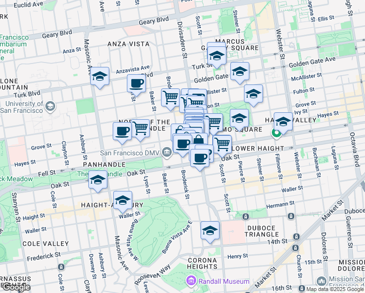 map of restaurants, bars, coffee shops, grocery stores, and more near 420 Broderick Street in San Francisco
