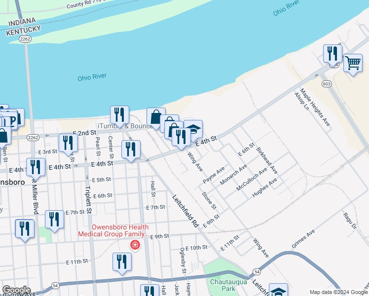 map of restaurants, bars, coffee shops, grocery stores, and more near East 4th Street in Owensboro