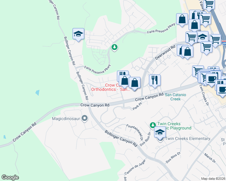 map of restaurants, bars, coffee shops, grocery stores, and more near 173 Shadowhill Circle in San Ramon