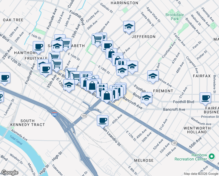 map of restaurants, bars, coffee shops, grocery stores, and more near East 16th Street in Oakland