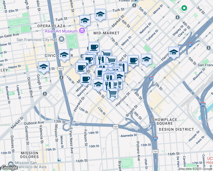 map of restaurants, bars, coffee shops, grocery stores, and more near 784 Clementina Street in San Francisco