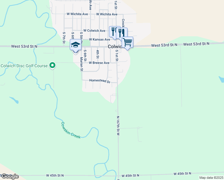map of restaurants, bars, coffee shops, grocery stores, and more near 5299-5305 North 167th Street West in Colwich