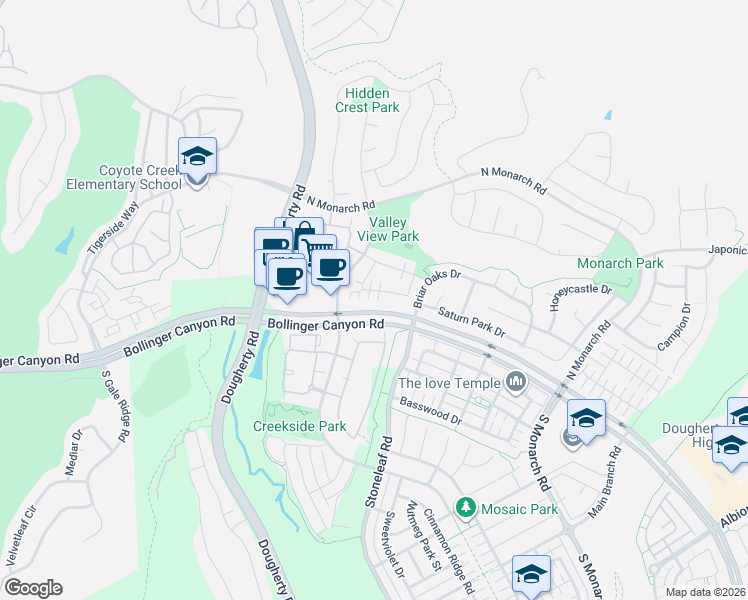 map of restaurants, bars, coffee shops, grocery stores, and more near 9792 Belladonna Drive in San Ramon