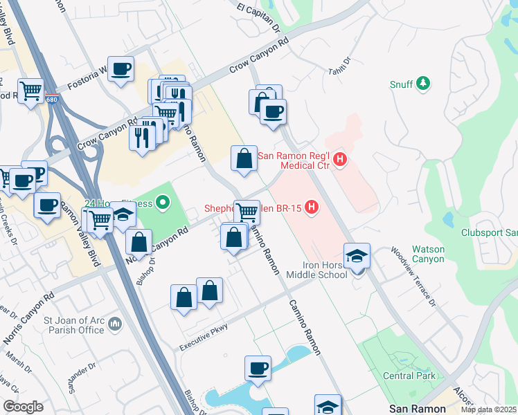 map of restaurants, bars, coffee shops, grocery stores, and more near 2409 Camino Ramon in San Ramon