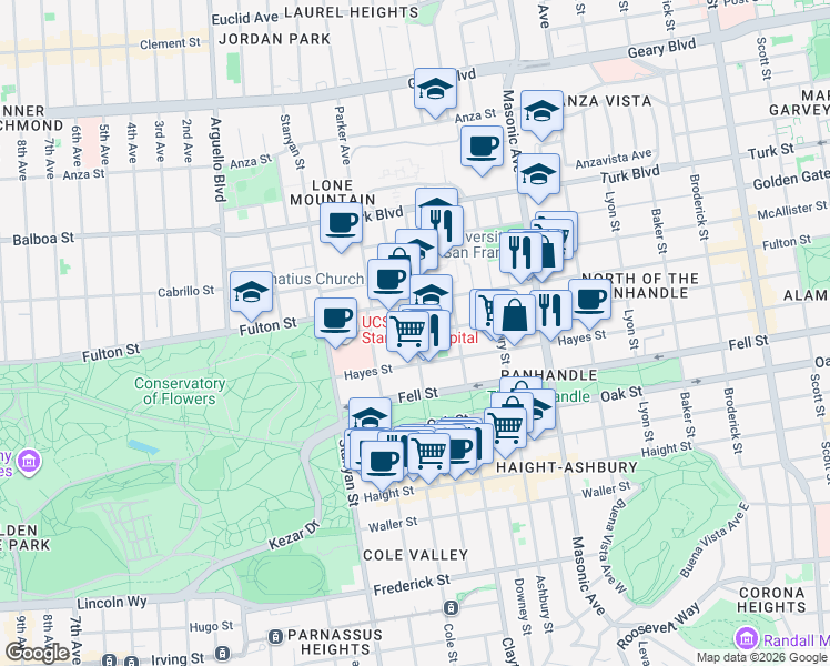 map of restaurants, bars, coffee shops, grocery stores, and more near Grove St & Cole St in San Francisco