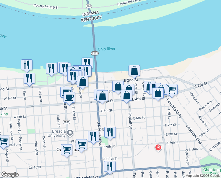 map of restaurants, bars, coffee shops, grocery stores, and more near 421 East 3rd Street in Owensboro