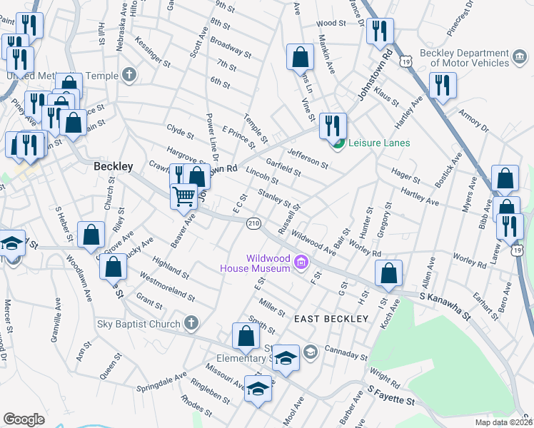 map of restaurants, bars, coffee shops, grocery stores, and more near 201 South French Street in Beckley