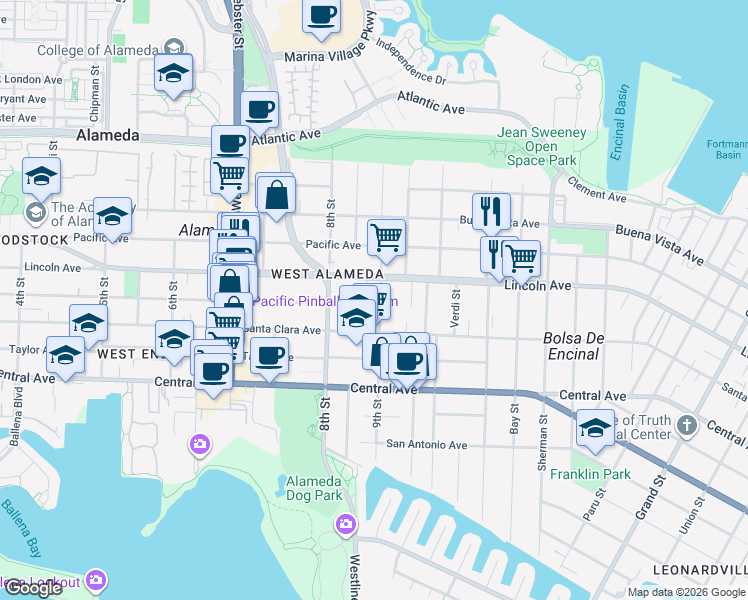 map of restaurants, bars, coffee shops, grocery stores, and more near 833 Haight Avenue in Alameda