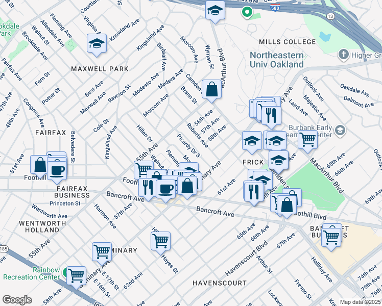 map of restaurants, bars, coffee shops, grocery stores, and more near 5731 Picardy Drive South in Oakland