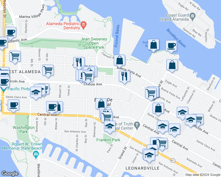 map of restaurants, bars, coffee shops, grocery stores, and more near 1545 Benton Street in Alameda