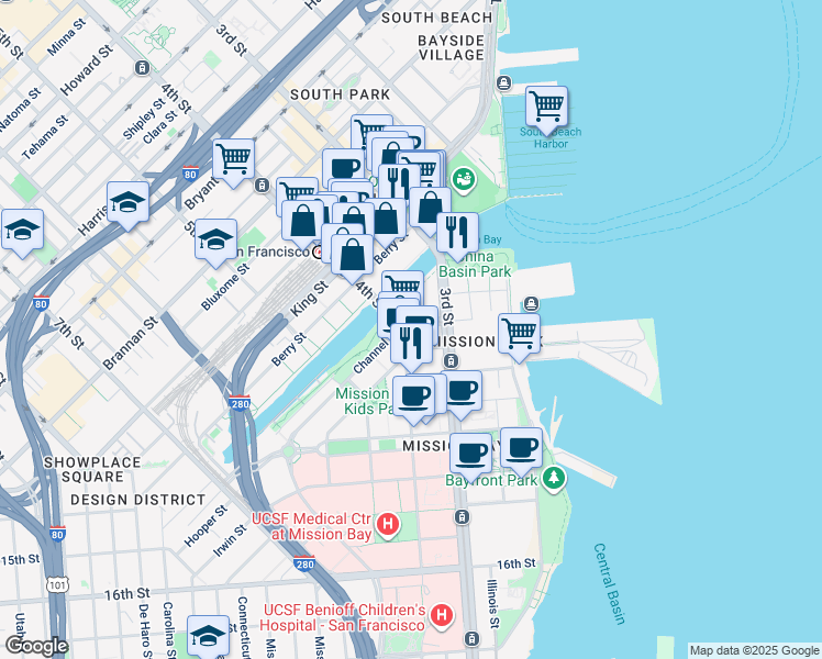 map of restaurants, bars, coffee shops, grocery stores, and more near 185 Channel Street in San Francisco
