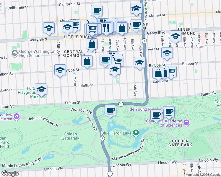 map of restaurants, bars, coffee shops, grocery stores, and more near 725 18th Avenue in San Francisco