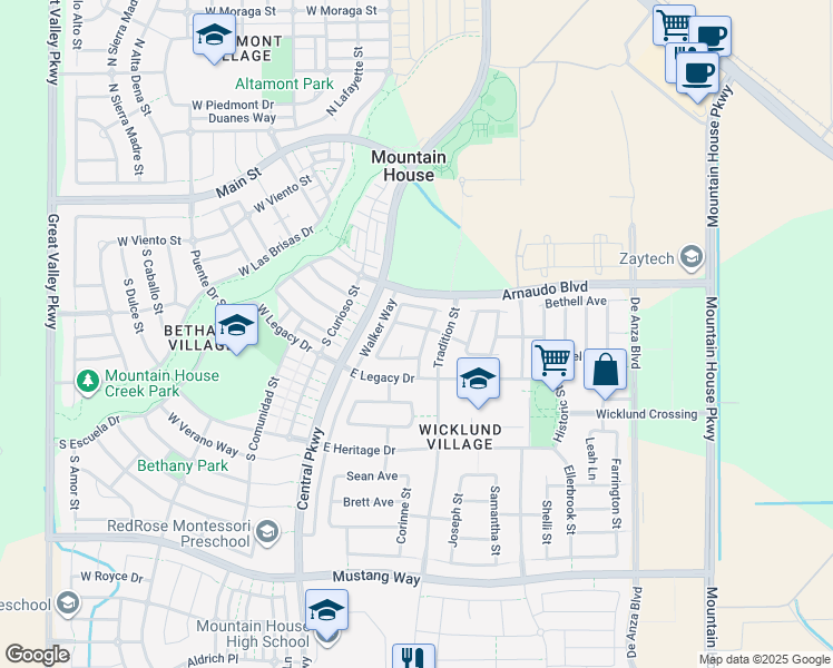 map of restaurants, bars, coffee shops, grocery stores, and more near 74 McDermott Avenue in Mountain House