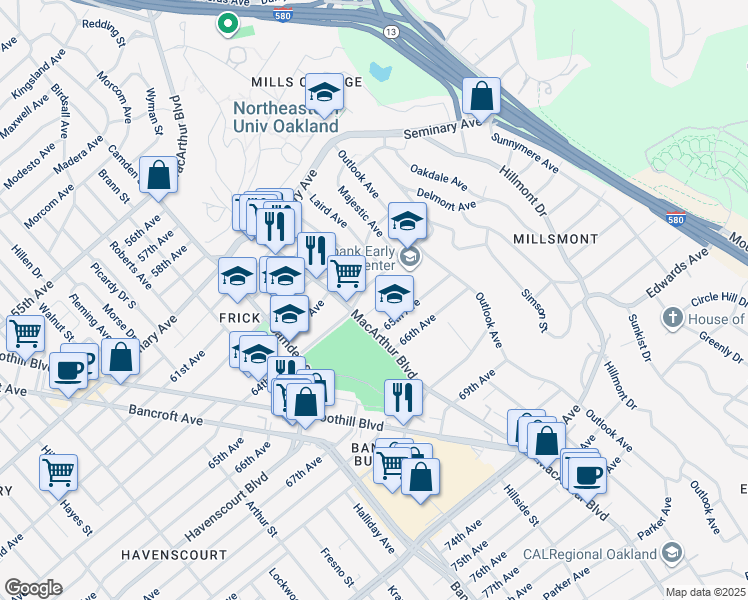 map of restaurants, bars, coffee shops, grocery stores, and more near 6321 Monadnock Way in Oakland