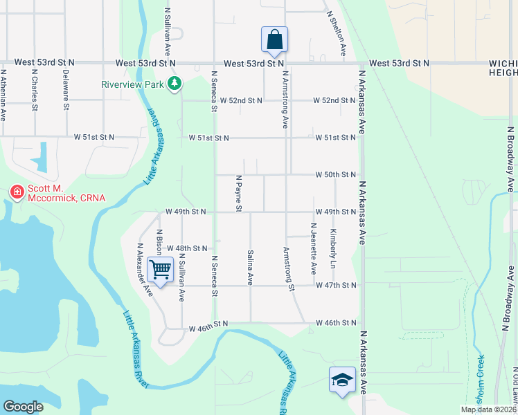map of restaurants, bars, coffee shops, grocery stores, and more near 944 West 49th Street North in Wichita